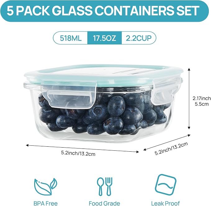 Vtopmart 5Pack 17.5oz Glass Storage Containers with Lids, Green | Glass Meal Prep Food Container Sets, Snap Airtight Lid, For Microwave, Oven, Freezer and Dishwasher, BPA Free - Image 2