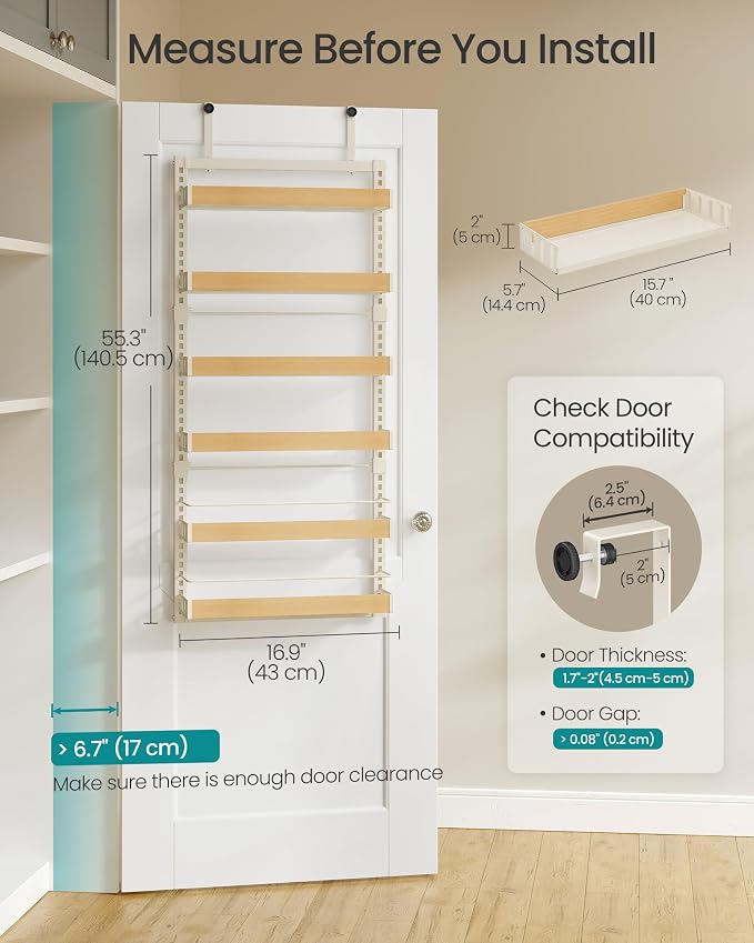 SONGMICS 6-Tier Over the Door Pantry Organizer, Adjustable Spice Rack with Anti-Tipping Wire, Wall Mounted Storage, 16.9 x 6.2 x 55.3 inch, Matte White, UKCS048W101 - Image 5