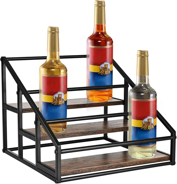 YQBRAO 3-Tier Coffee Syrup Organizer, 12-Bottle Rack, Rustic Brown | Holds up to 12 bottles with stepped visibility and a compact footprint for coffee bars, kitchens, and syrup stations. by Unknown