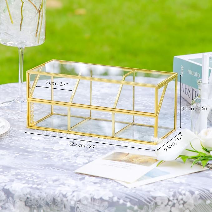 NCYP Glass Tea Bags Organizer with Lid, Small 3 Slots Teabag Storage Box, Indoor Counter Teabag Display Case, Kitchen Cabinet Gold Decor, 8.7 x 3.6 x 3.66 Inches (Glass Box Only) - Image 4
