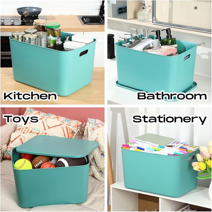 8 Pieces Colorful Storage Bins with Lid, Plastic Storage Basket Organizing Container Stackable Box with Handle for Shelves Desktop Playroom Office(16.1 x 12.0 x 9.7 Inch,Green) - Image 4