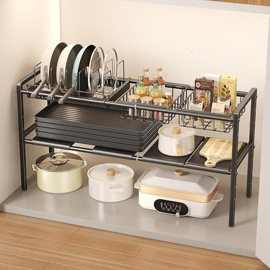 Mustorn Pots and Pans Organizer Under Cabinet, Expandable 2 Tier Under Sink Organizers Storage Adjustable Height Kitchen Pot and Pan Lid Holder Rack with 6 Dividers(4panels,2baskets,1 Pot rack,Black) by MUSTORN