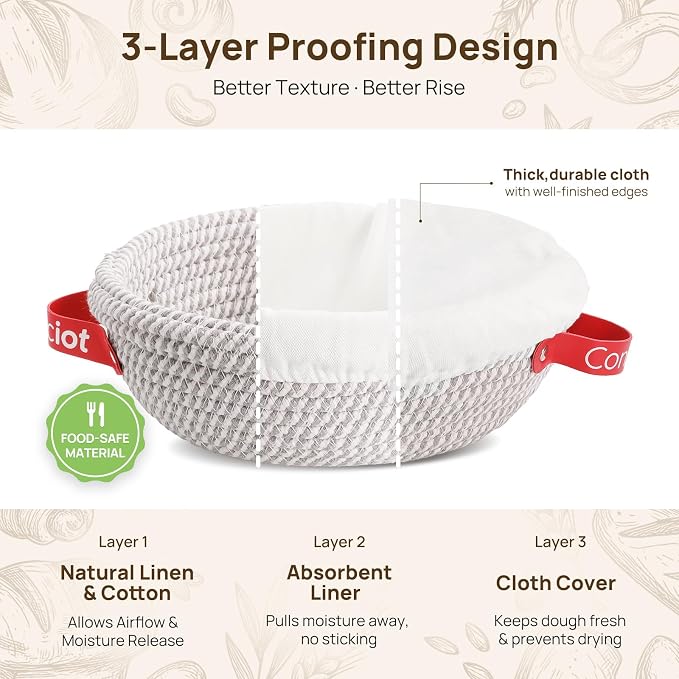 Sourdough Starter Kit 5 Banneton Round & Oval, Consciot Cotton Rope Bread Proofing Basket Set, Sourdough Bread Baking Supplies, Bread Baskets With Liners & Covers, Gift for Bakers Women Kids Family - Image 4