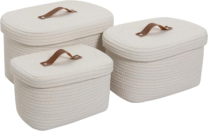Set of 3 Nesting Woven Storage Baskets with Lids, Cotton Rope Decorative Basket Set for Shelf Closet Living Room Organizing, Rectangular Off White by Cottonphant
