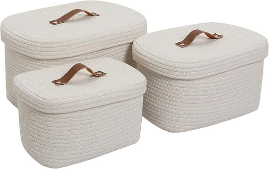 Set of 3 Nesting Woven Storage Baskets with Lids, Cotton Rope Decorative Basket Set for Shelf Closet Living Room Organizing, Rectangular Off White by Cottonphant