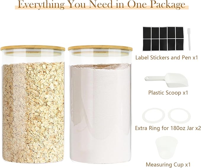 Large Glass Cereal Containers Storage with Airtight Bamboo Lids,Pantry Storage Container,Perfect for Kitchen Organization - Flour, Rice, Pasta, Sugar, Coffee Beans, Accessories Included,2 packs(168oz) - Image 6