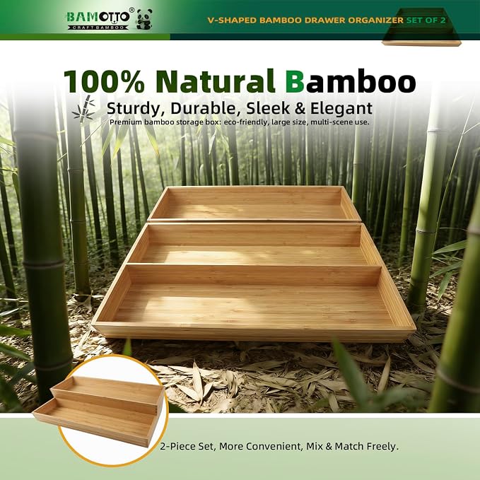 BAMOTTO CRAFTBAMBOO Long V-Shaped Bamboo Drawer Organizer Set of 2 | Silverware & Cutlery Tray | Flatware & Utensil | Kitchen & Bathroom | Narrow Fit | 19.6"×12.4" & 19.6"×7.8" - Image 6