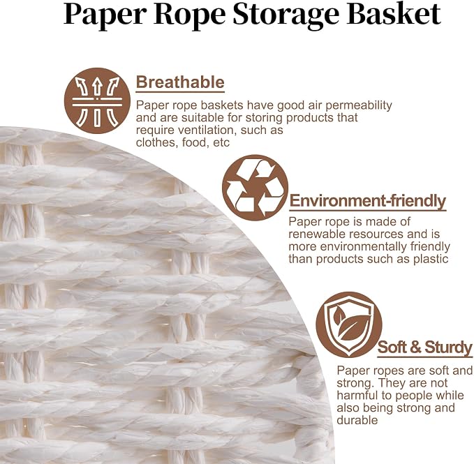 OIAHOMY Pantry Baskets for Organizing, Paper Rope Baskets with Built-in Handles, Wicker Storage Bints for Shelves, 2 Pack-White - Image 4