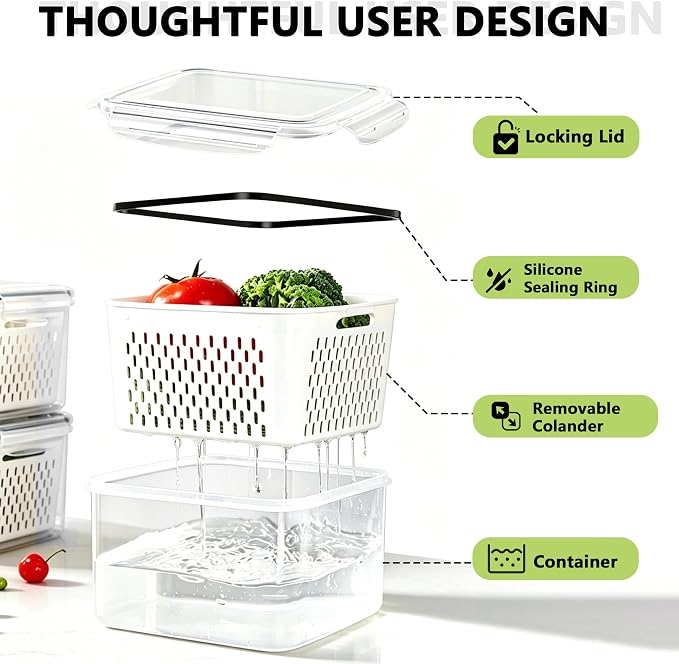 5 Pack Fruit Storage Containers for Fridge,Produce Container for Fridge with Removable Colanders,Leakproof Refrigerator Organizers and Storage for Produce Berry Vegetable Salad Meat Food Keep Fresh - Image 5