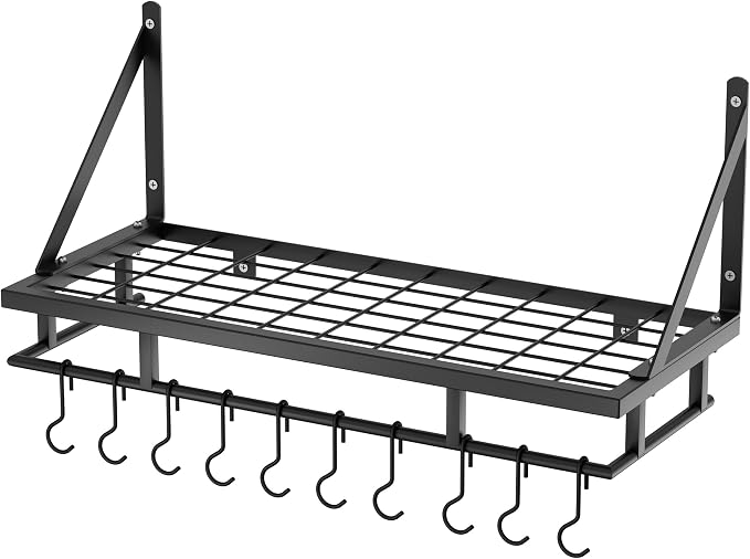 KES 24 Inch Kitchen Pot Pan Rack Wall Mounted, 10 Hooks, Matte Black | 88lbs Load Capacity, Heavy Duty, Cast Iron Pots and Pans Organizer, Hanging Storage, Wall Shelf, Space Saving, KUR215S60-BK - Image 8
