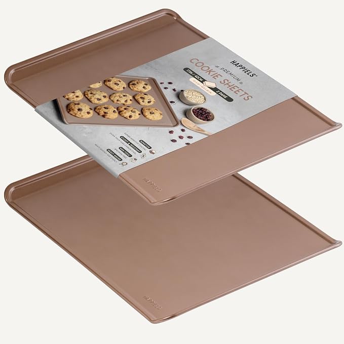 13 x 17 inch Nonstick Cookie Sheet 2-Pack Rimless, PFOA & BPA Free | | Non-Toxic - High Carbon Steel - Gold - Half Sheets for Oven Baking without Lip by HAPPIELS