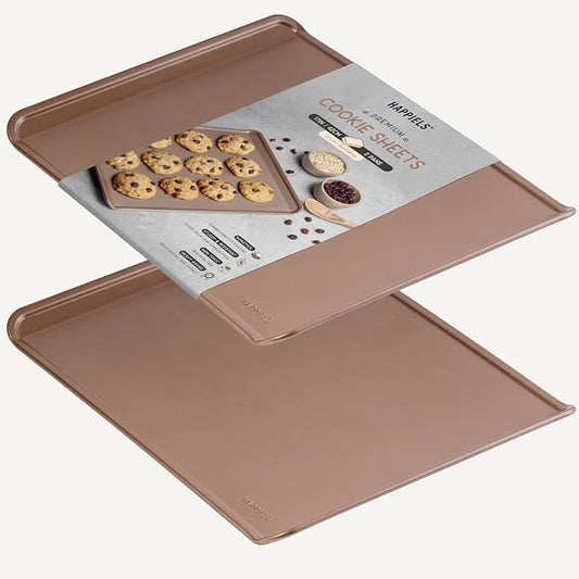 13 x 17 inch Nonstick Cookie Sheet 2-Pack Rimless, PFOA & BPA Free | | Non-Toxic - High Carbon Steel - Gold - Half Sheets for Oven Baking without Lip by HAPPIELS