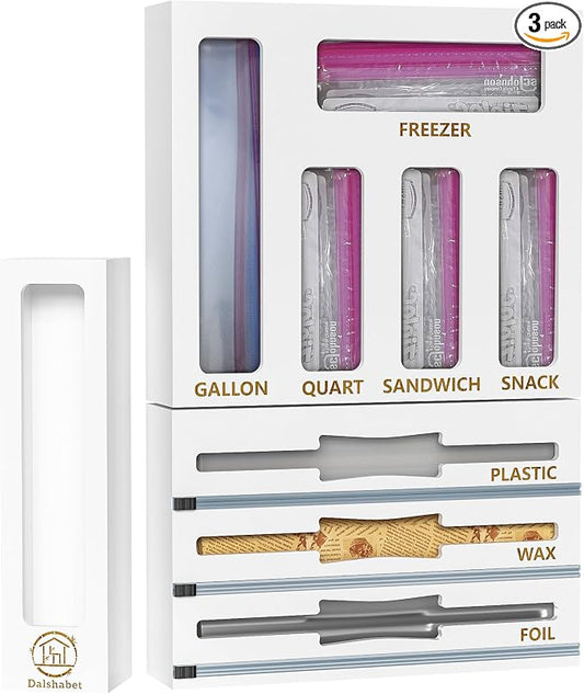 DALSHABET 9 IN1 Bamboo Storage Bag Drawer Organizer with Cutter, Foil and Plastic Wrap Dispenser for Kitchen Storage Compatible with All Brands Gallon, Quart, Sandwich & Snack Size Bags - White by DALSHABET