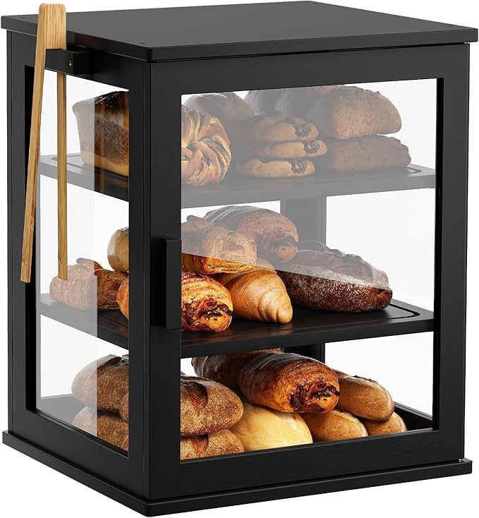 WOWLIVE Bread Box for Kitchen Countertop, 3 Layers Bread Storage Container | Large Bamboo Bread Bin for Homemade Bread with Window, Farmhouse Breadbox Organizer for Kitchen, Cabinet, Black, Extra Large by WOWLIVE