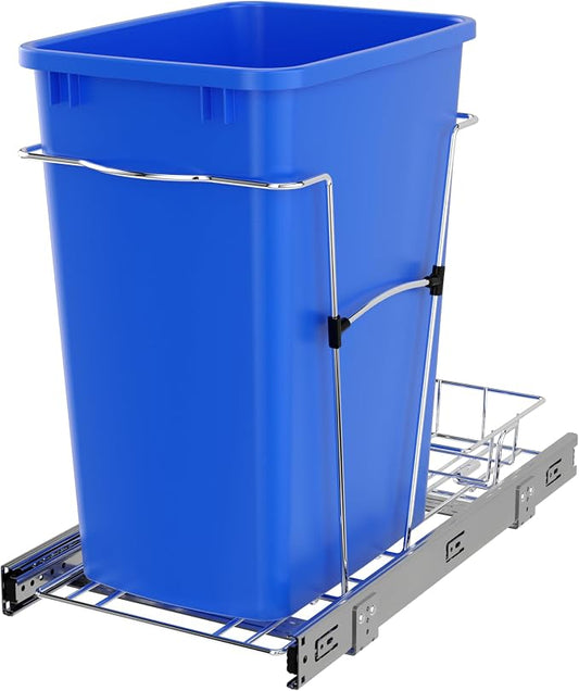 Rev-A-Shelf Pullout Trash Can for Under Kitchen Cabinets 35 Qt Garbage Waste Recyling Bin with Full Extension Slides, Blue, RV-12KD-22C-S by Rev-A-Shelf