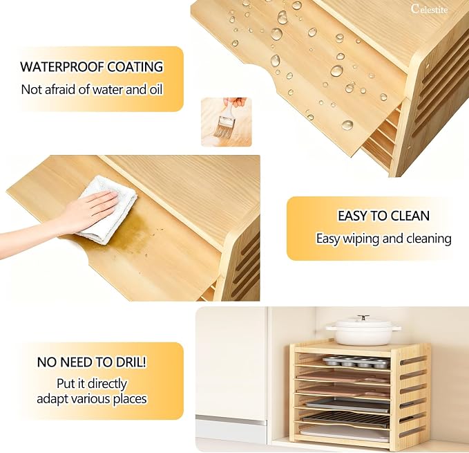 celestite Wooden Tray Dividers for Cabinets, Cookie Sheet Organizer for Cabinet, Baking Sheet Pan Organizer for Kitchen Organizers and Storage (7 Tier 20" Wx16.7 Hx15.2 D) - Image 6