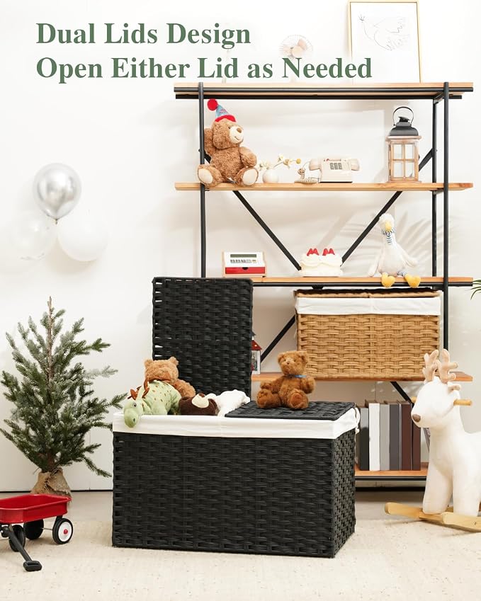 SETVSON Storage Basket with Lid Wicker Baskets for Storage, 160L Black | 42.3 Gallon Dual Lid Jumbo Blanket Storage Trunk, Divided Clothes Organizer, 2 Washable Liner Bags, Collapsible PE Rattan Bin - Image 5