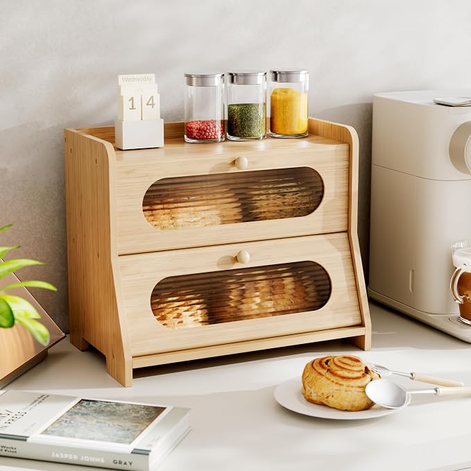 Bread Box,Extra Large 2-Tier Bamboo Bread Box for Kitchen Countertop,Bread Storage Container with Magnetic Acrylic Door for Homemade Bread,Under Cabinet,Pantry Organizer(Natural) - Image 5