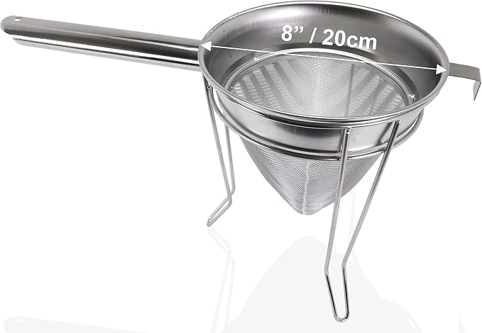 Anchy Premium 8" Chinois Fine Mesh Strainer Set with Stand & Bamboo Spatula – 18/8 Stainless Steel China Cap Cone Sieve, Professional Bouillon Strainer for Sauces, Soups, Broth, Stock, Jelly & Purees - Image 2