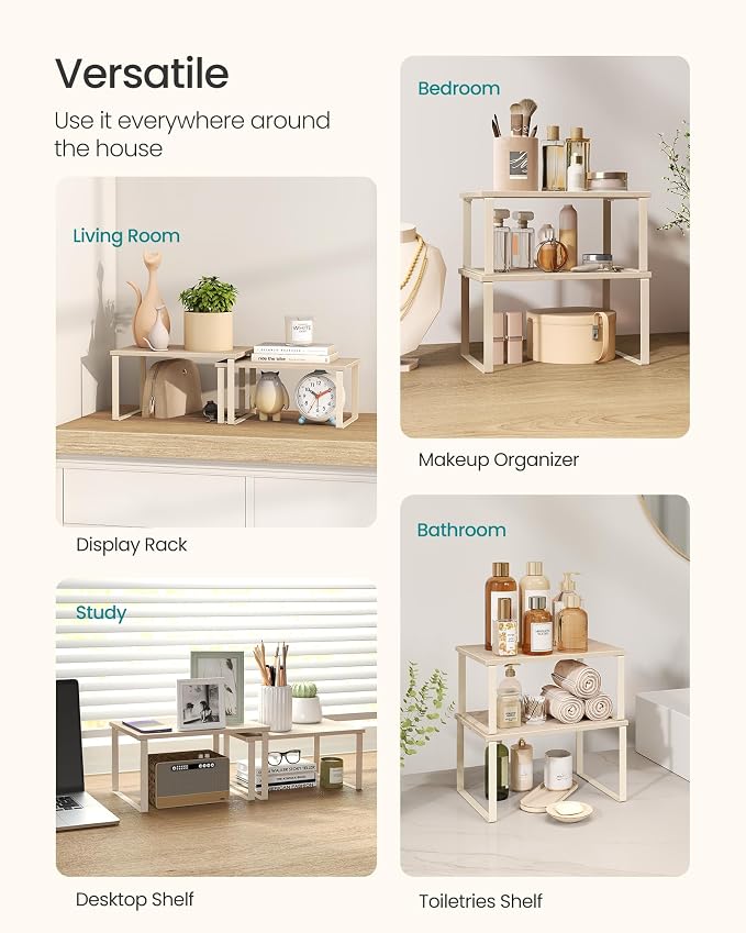 SONGMICS Cabinet Organizer Shelf, Set of 2 Kitchen Counter Shelves, Kitchen Storage, Spice Rack, Stackable, Expandable, Metal and Engineered Wood, 11.7 Inches, Beige & Cream White UKCS020L01 - Image 5