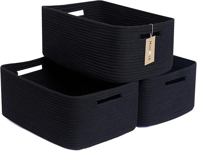 MiniArk Large Storage Baskets for Shelves, 17 x 13 x 7.5” Closet Organizers Bins for Clothes Blanket Towels, Baby Nursery, Toy Baskets Box, Woven Rope Baskets, 3 Packs Black by MiniArkStorageBasketsHome