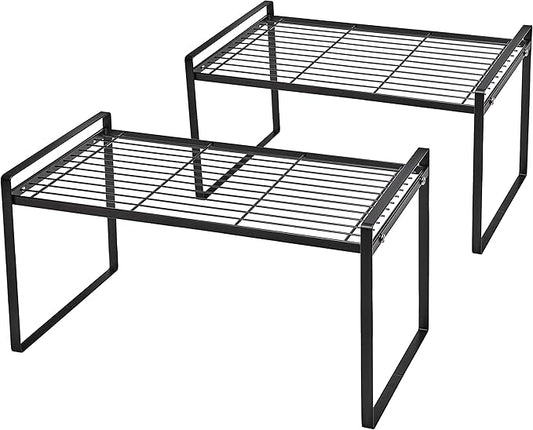 Shantton Cabinet Shelf Organizer, Pantry Shelf Rack, Black 16x8.3x9.5 | 2-Pack Stackable Metal Riser Holds 40LBS with Non-Slip Feet for Kitchen Pantry Bathroom Countertop Freezer Cupboard by Shantton