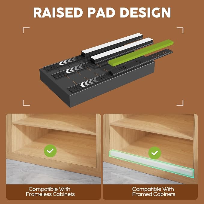 Seinloes 4 Pack Expandable Width (9"-14.1") Pull Out Cabinet Organizer 21" Deep with Raising Pad for Framed Cabinets, Upgrade 3 Slide Rails Slide Out Drawers, Roll Out Shelves Adhesive, Black - Image 2