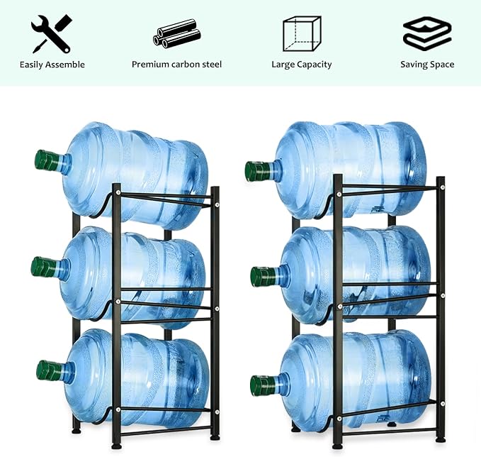smusei 5 Gallon Water Bottle Holder 3 Tier Water Cooler Jug Rack Shelf Organizer Detachable Heavy Duty Kitchen Water Bottle Storage Rack for Home, Office, Black - Image 3