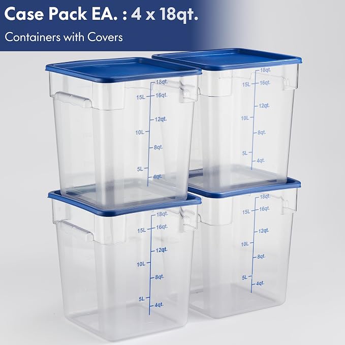4 Pack Food Storage Containers with Blue Lids - NSF Listed Commercial Grade in 18.0 Qt - Square, Clear, Polycarbonate - Image 2