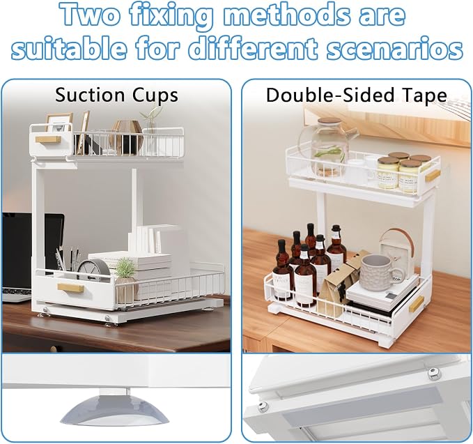 Under Sink Organizer Kitchen - Upgraded Professional Rails, 2 Tier Dual Pull Out Cabinet Storage, Height Adjustable Under Sink Storage, Metal Sliding Drawer for Kitchen & Bathroom, White, 2 Pack - Image 3
