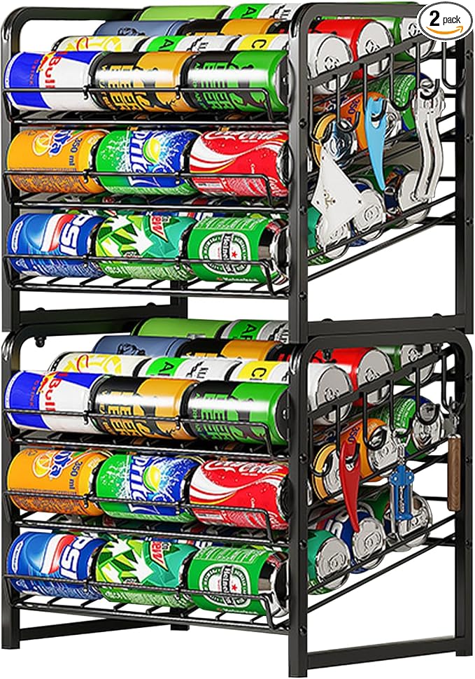 6-Tier Stackable Soda Can Rack Organizer for Pantry, Black, 2 Pack | Adjustable Can Dispenser Holds Up to 60 Cans, with 12 Hooks,Can Storage Holder for Various Ounces of Canned Food Soda Drinks by ISWEES
