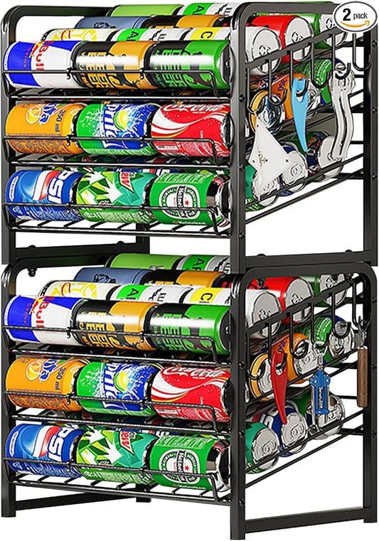 6-Tier Stackable Soda Can Rack Organizer for Pantry, Black, 2 Pack | Adjustable Can Dispenser Holds Up to 60 Cans, with 12 Hooks,Can Storage Holder for Various Ounces of Canned Food Soda Drinks by ISWEES