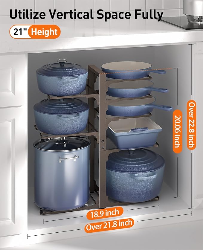 Pots and Pans Organizer Under Cabinet 20.8" 8-Tier Adjustable Bronze | 2 DIY Modes, Tool-Free Assembly, Max 120 Lbs, Fits Large Stockpots, Cast Iron Pans & Heavy Cookware, For Kitchen Cabinets - Image 2