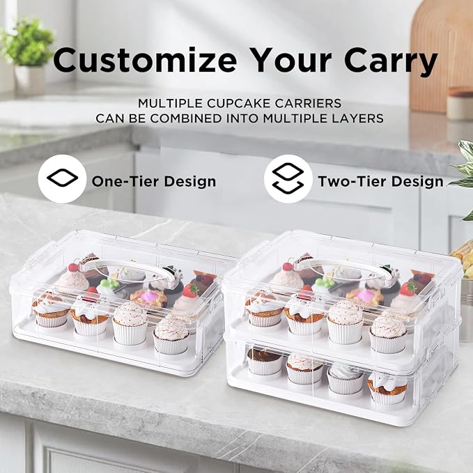Two Tier Cupcake Carrier, White Stackable Cupcake Holder Carries for 24 Standard-Size Cupcakes, Reusable Detachable Cupcake Box - Image 5