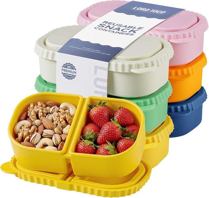 6 Pack Reusable Silicone Snack Containers with Lids, 2 Compartment Bento Snack Boxes, Leakproof Portion Control Food Containers for Fruits, Nuts, School, Office & Travel, Dishwasher Safe by LOROTOCO