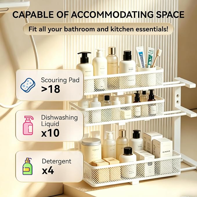 1 Pack 3 Tier Under Sink Organizer with Pull Out Drawer, Height Adjustable Heavy Duty Metal Under Cabinet Organizer, Smooth Sliding Storage Shelf for Kitchen, Bathroom Cabinet Organization, White - Image 4