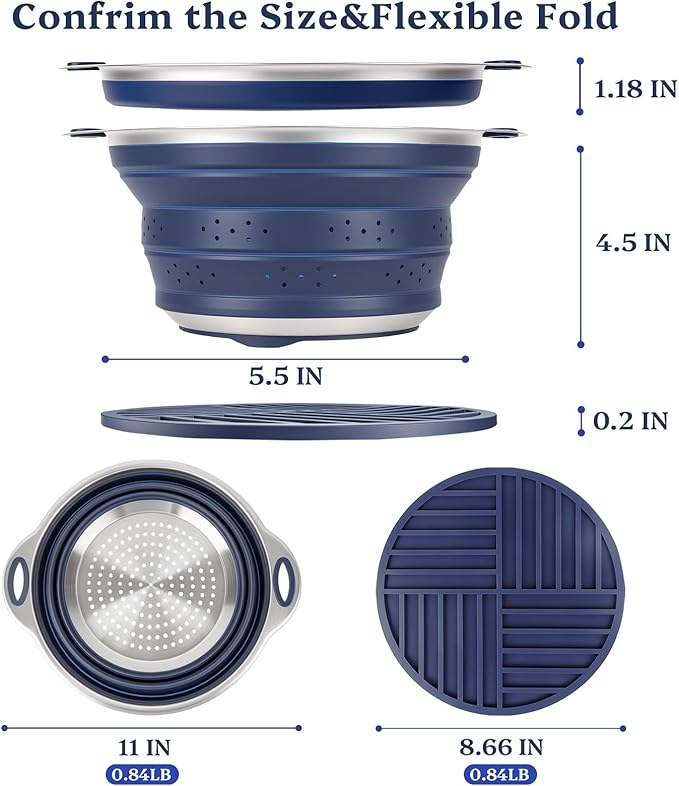 Collapsible Colander Set with Silicone Mat,2-in-1 Stainless Steel Colander for Kitchen, Foldable Metal Colander, Space-Saving for Pasta Veggies Fruit(NAVY BLUE) - Image 2