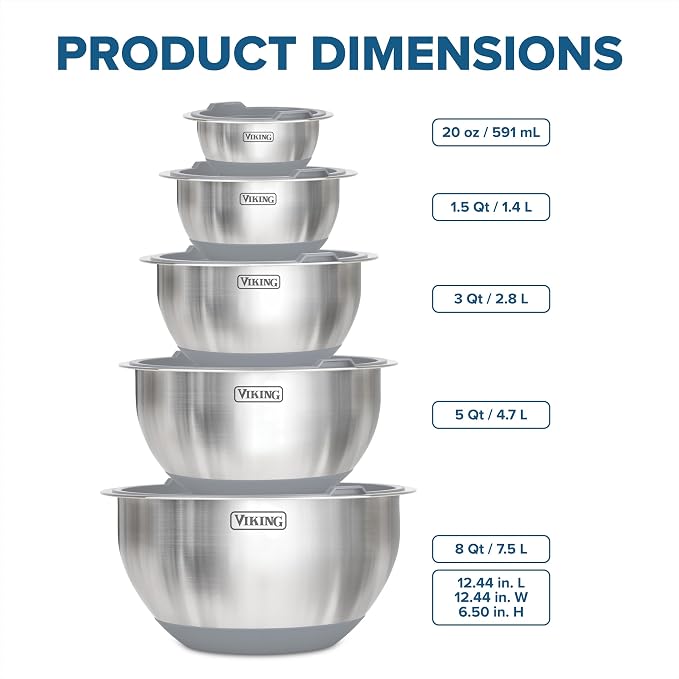Viking Mixing Bowls Set, 10 Piece Stainless Steel Kitchen Cookware, Non-Slip Silicone Base, Includes Tight Fit Lids, Dishwasher Safe, Grey - Image 5