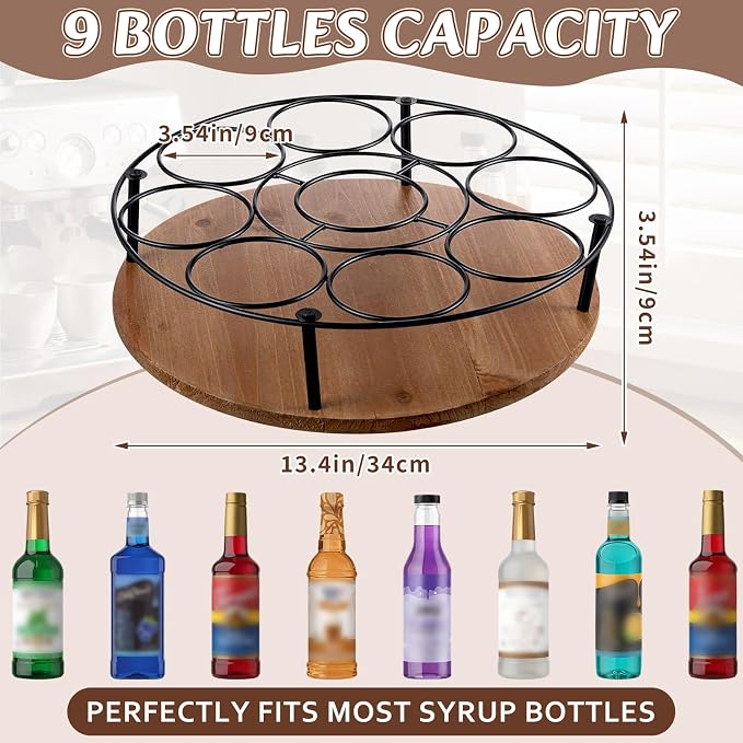 1 Pcs 9 Bottles Rotating Coffee Syrup Organizer, Large S Syrup Rack Carbon Steel Frame with Wooden Base Bottle Holder Stand for Coffee Bar Station, Turntable Wine Display Tray - Image 2