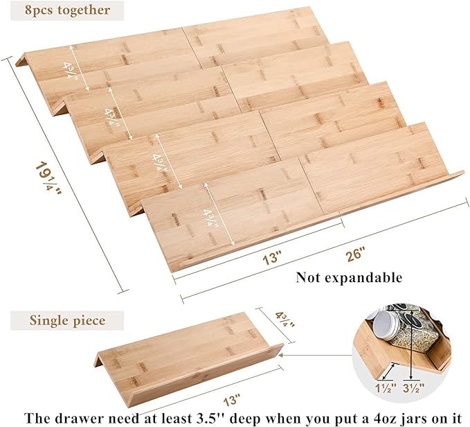 Bamboo Spice Rack Tray - Spice Drawer Organizer for Kitchen Cabinets Storage and Organization (Jars Not Included, 8 Individual Pieces, Not Adjustable) - Image 2