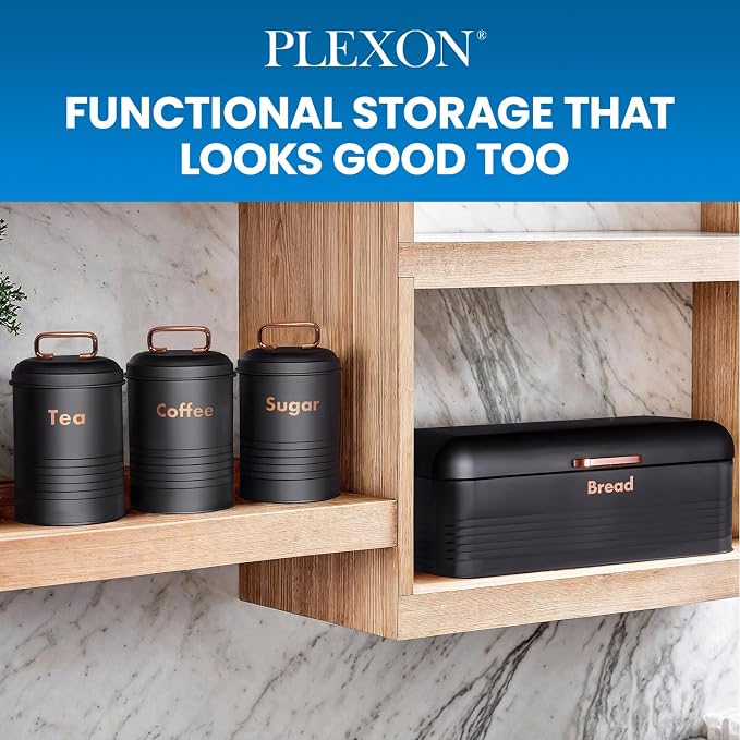 Plexon Black Bread Box for Kitchen Countertop Tea Coffee Sugar Container Set - Metal Bread Container Storage Keeper Organizer - Canister Set of 4 - Image 5