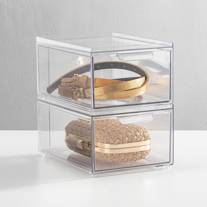 mDesign Stackable Storage Containers Box with 2 Pull-Out Drawers - Stacking Plastic Drawer Bins for Closet Organization, Linen, Coat, Bedroom or Entryway Closets - Lumiere Collection - 2 Pack - Clear - Image 2