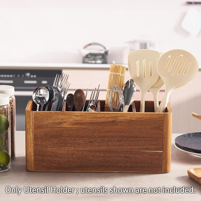 16" Wooden Kitchen Utensil Holder, Extra Large Acacia Wood Organizer for Cooking Tools, Utensils & Cutlery Storage – 4-Compartment Countertop Holder - Image 4