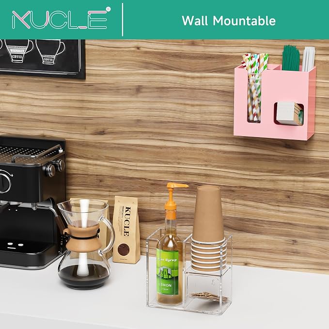 2-Tier Coffee Station Organizer for Countertop, 3 Compartments Pink Acrylic Cup and Lid Holder Tea Condiment Storage Upright Coffee Bar Organizer Pod Dispenser for Office Breakroom Home Kitchen - Image 2