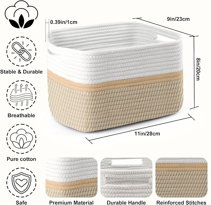 4 Pack Storage Baskets for Organizing, 11''Lx9''Wx8''H Woven Baskets for Storage Toys, Towels, Books, and Clothes, Cotton Rope Basket for Shelves with Handle - Image 2