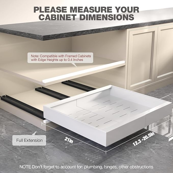 Seinloes 6 Pack Pull Out Cabinet Organizer 21" Deep,Full Extension 3 Slide Rails Slide Out Drawers With Raising Pad for Framed Cabinets,Expandable Width (12.3"-20.5"),No Drill Roll Out Shelves,White - Image 5