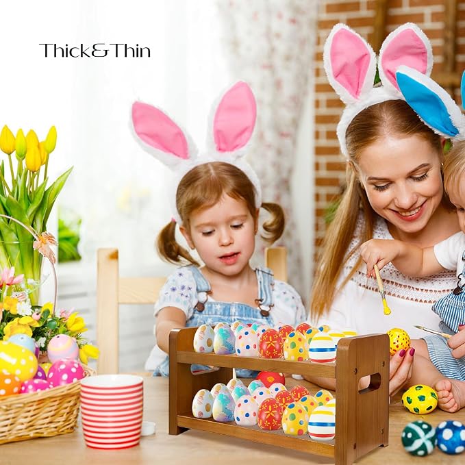 Thick&Thin Egg Holder Countertop, Wooden Egg Holder for Fresh Eggs, Farmhouse Kitchen Egg Tray Rack Holds 36, Firewood Egg Storage with Carry Handle for Easter Eggs, Duck - Image 2