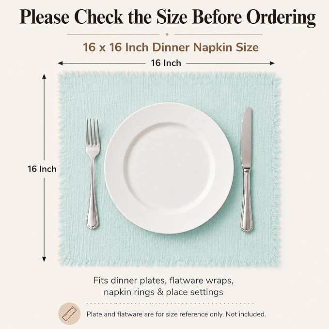 50 Pack Sage Green Cloth Napkins, 16 x 16 Inch Cotton with Fringe Settings | Handmade washable reusable cotton dinner napkins in bulk for weddings, parties, rustic boho table settings - Image 2