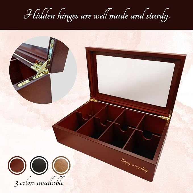 BJOYFUL&LOVED Wooden Tea Box with Glass Lid, 8-Compartment, Black Color | Removable Dividers Customize Storage for Tea Bags, Sugar Packets, Coffee Capsules, Jewelry, Watches and Small Accessories - Image 3