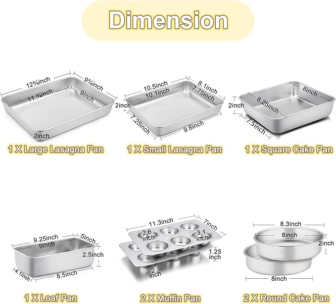 TeamFar Stainless Steel Bakeware Set of 8 | Baking Roasting Toaster Oven Pans, Lasagna/Square/Round Cake Pan, Loaf Pan & Muffin Pan, Non-Toxic & Sturdy, Dishwasher Safe - Image 2